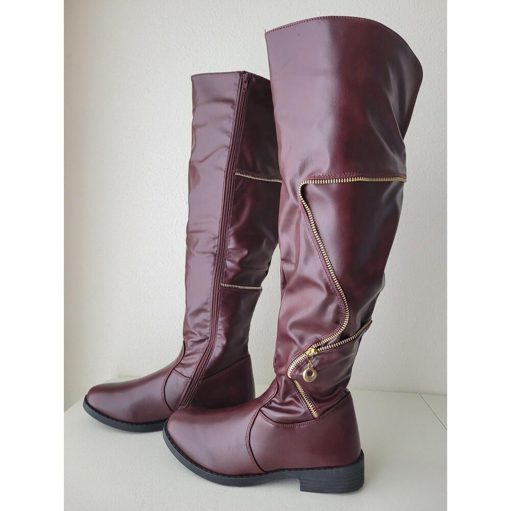 Henry Ferrera Charm 506 Size 8 Burgundy Knee High Boots Gold Zipper Detail NWOT